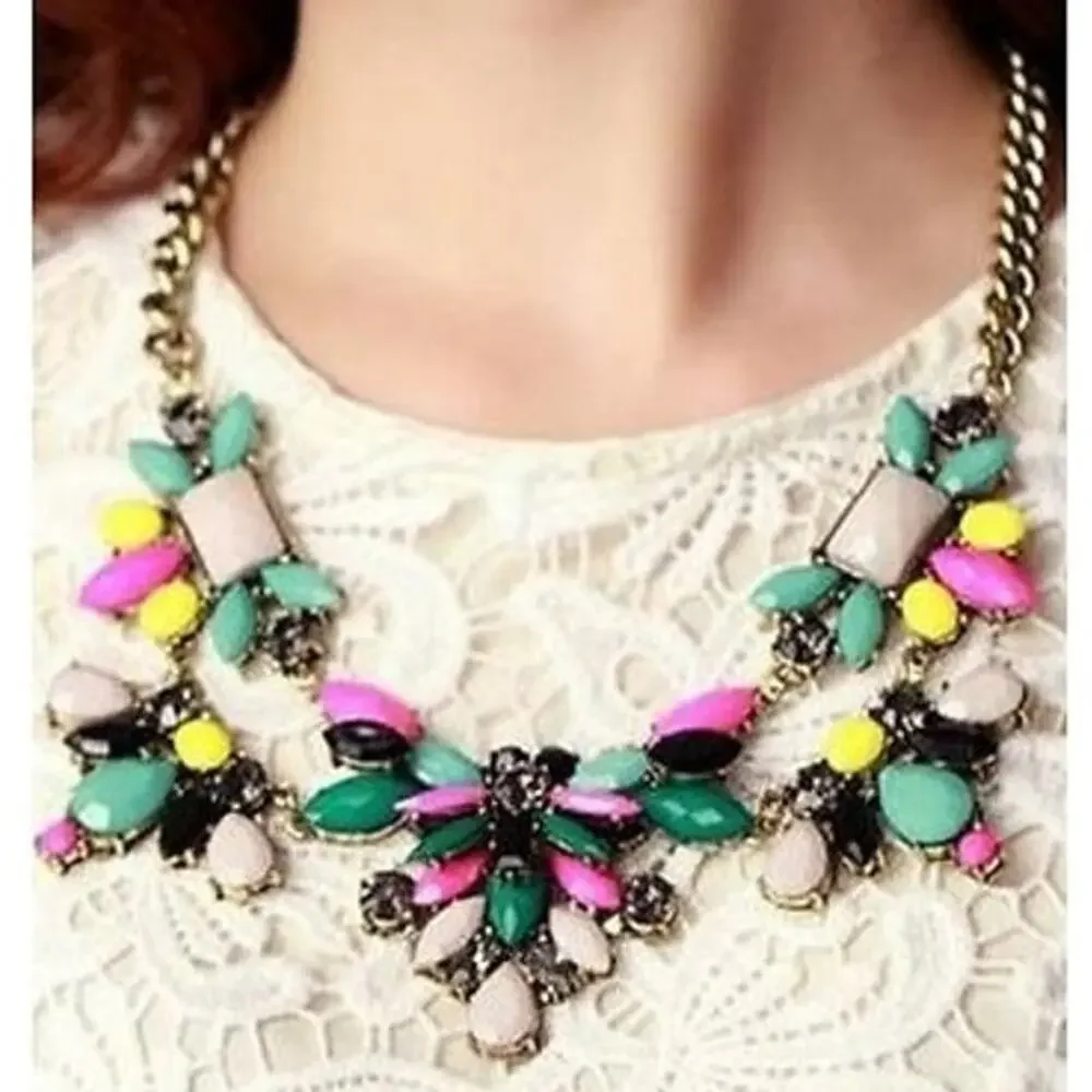 J.Crew Gold Tone Mixed Crystal Statement Bib Necklace Vintage Whimsigoth F15-23